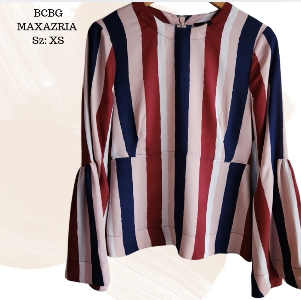 BCBGMAXAZRIA Striped Bell Sleeve Top XS Multicolor Red Navy‎ White Blouse